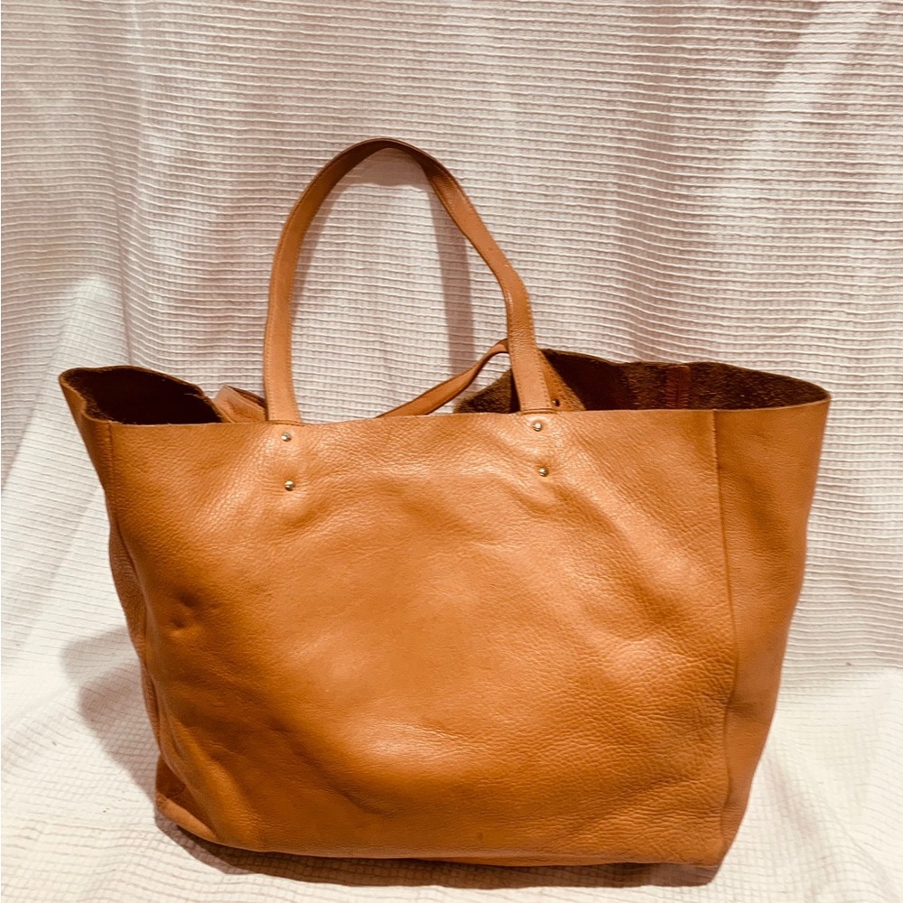 BAGGU Natural Milled Soft Pebble Tan Leather Tote Bag Purse Two Shoulder Straps
